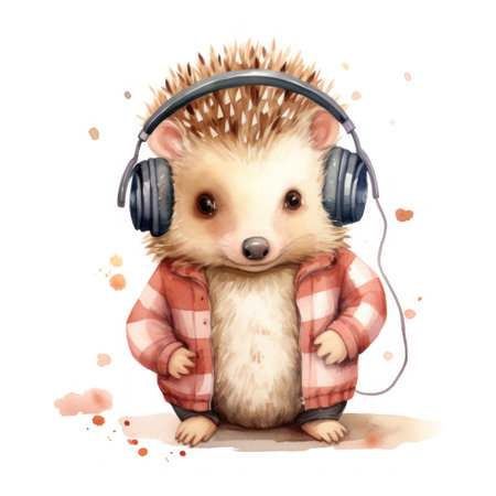 Cheerful hedgehog animal sitting at floor in headphones. Cute pets charactersの素材
