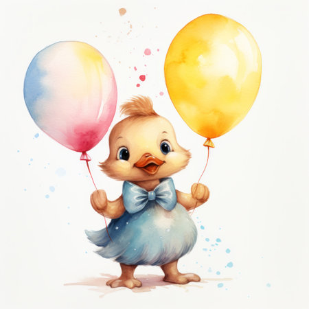 Little Yellow Duck Chick hold balloon. Cute animal character Illustration. Happy birthdayの素材