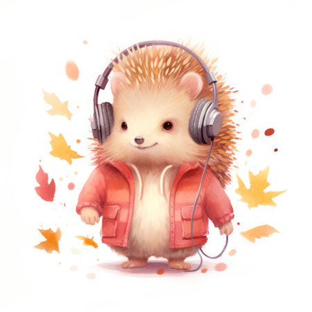 Cheerful hedgehog animal sitting at floor in headphones. Cute pets charactersの素材