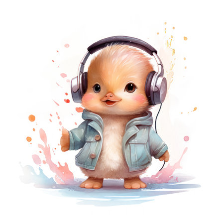 Little yellow duck chick listening to music on headphones, cute animal character Illustrationの素材