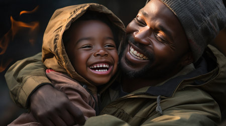 African American father and child, radiating love and happiness. Happy father's day. Warm wishes. Happy father with child, showcasing paternal joy.の素材