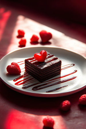 Valentines Day Dessert with Red Hearts on Cream Topping. Sweet holidays.の素材