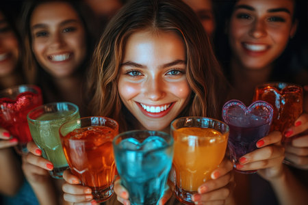 Valentines Day Party Scene with Cocktails and Festive Decorations. Happy smile young woman. party timeの素材