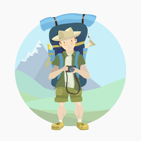 Tourist man with a big backpack and photo camera mauntain background vector cartoon illustration.のイラスト素材