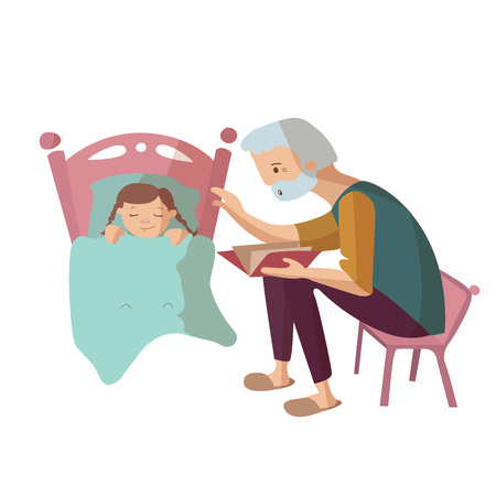 Grandfather reading book to child at the night in the bed vector cartoon illustrationのイラスト素材