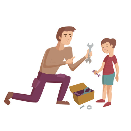 Father shows instruments and teaches son how to use it and repair smth vector cartoon illustrationのイラスト素材
