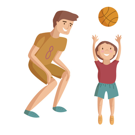 Father plays basketball with son playing ball vector cartoon illustrationのイラスト素材
