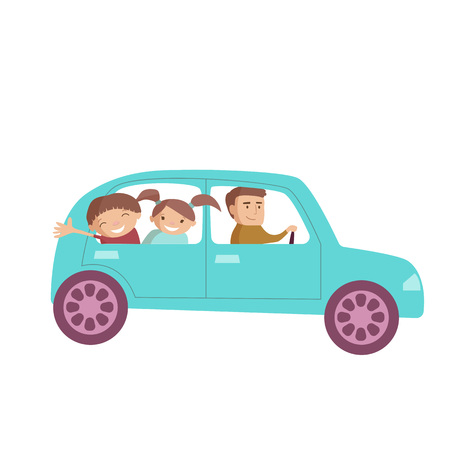 Dad with children driving car happy travelling vector cartoon illustrationのイラスト素材