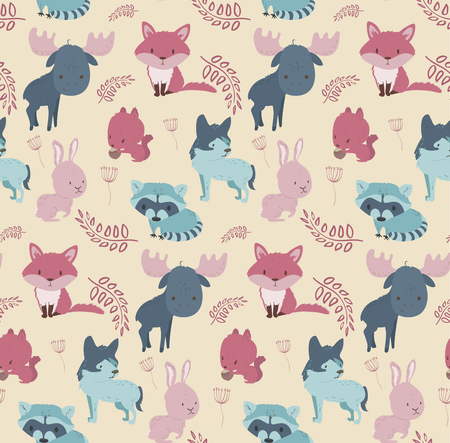 Cute woodland wild animals seamless pattern fox, squirrel, raccoon, rabbit, wolf, elk. Cartoon vector illustrationのイラスト素材