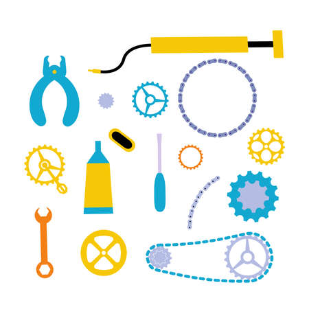Set of tools for bicycle fixing. Bike repair stuff. Cycle parts. Pump, wrench, bike chain, link tool, chain rings, pedal. Flat vector illustrationのイラスト素材