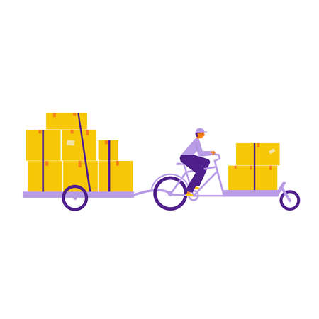 Man on a cargo long john bike with cart transports big heavy shipment. Bicycle delivery man carrying voliminous package. Ecological city transport. Flat vector illustrationのイラスト素材