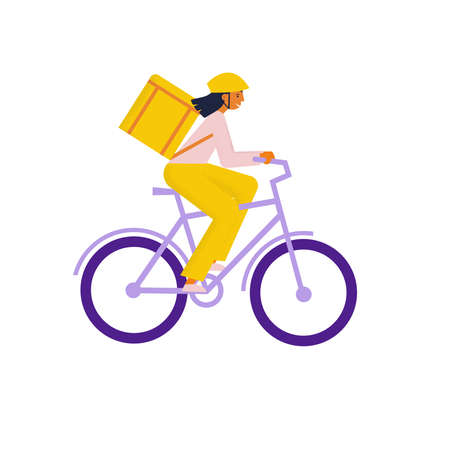 Girl courier on a bike with parcel box on a back. Bicycle delivery woman carrying package. Ecological city transport. Flat vector illustrationのイラスト素材