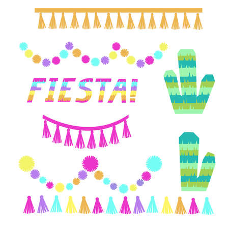 Fiesta lettering. Cactus party decoration set.Tassles pampoms wreath. Vector illustrationのイラスト素材