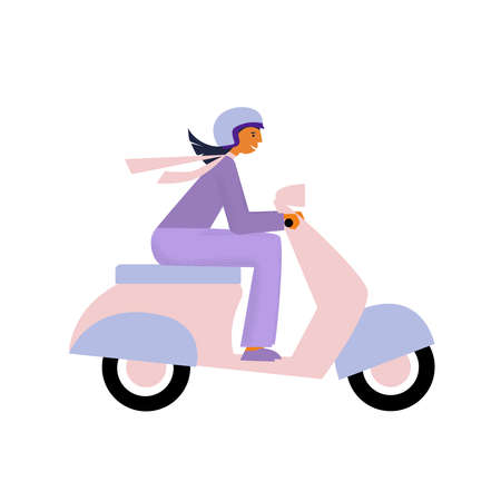 Young Woman riding scooter. Girl has a joyride by motorbike. Flat vector illustrationのイラスト素材