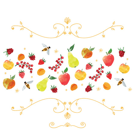 hand drawn doodles and watercolor style fruits, vector illustrationのイラスト素材