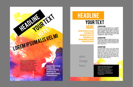 Vector Poster Templates with Watercolor Paint Splash. Abstract Aquarelle Background for Business Flyers, Posters and Placards. Mobile Technologies Concept. Flat Style Web and Infographic Icons.のイラスト素材