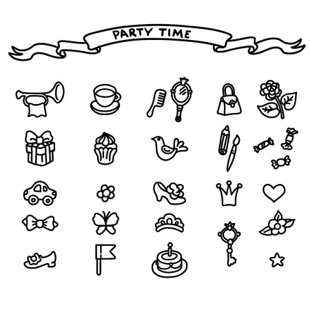 Birthday and kids party elements.  set with birthday cake, gift and festive attributes. Children doodle collection.のイラスト素材