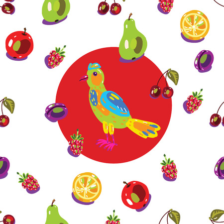 seamless backgrounds with fruits and birds in cartoon styleのイラスト素材