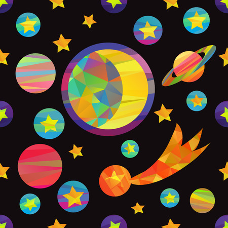 seamless pattern of vector images of planets and the moon. fun colorful papercut styleのイラスト素材