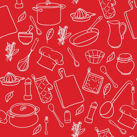 Seamless pattern with hand drawn cookware on the red background. Kitchen background. Retro wallpaper with doodle kitchen equipments. Vector illustration.のイラスト素材