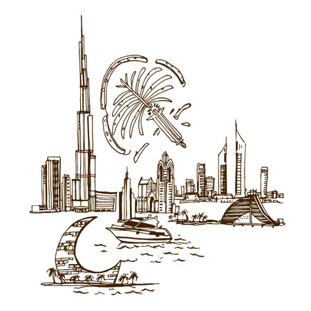 Dubai City skyline silhouette. Places and Architecture around the World  - Collection of hand drawn illustrationsのイラスト素材