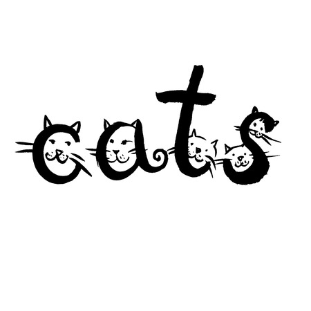 hand drawn by brush and ink the word  Cats  as the cat family in the form of letters on the muzzles,のイラスト素材