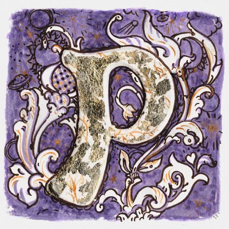 Old  decorative medieval style joking image of  letter  P and leaves and sketch of planets. Hand drawn and gold coveringの写真素材