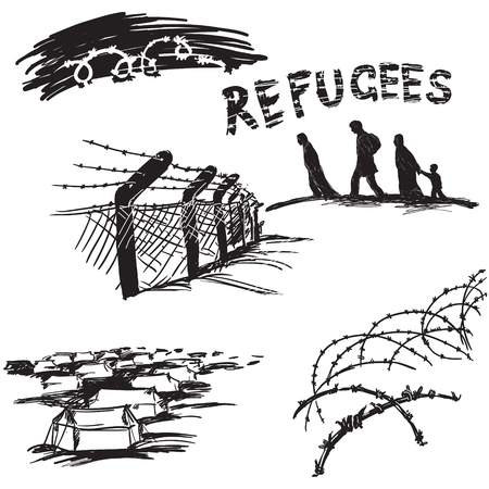 Barbed wire on white background, silhouette of migrants family and word rrefugees in scetch styleのイラスト素材