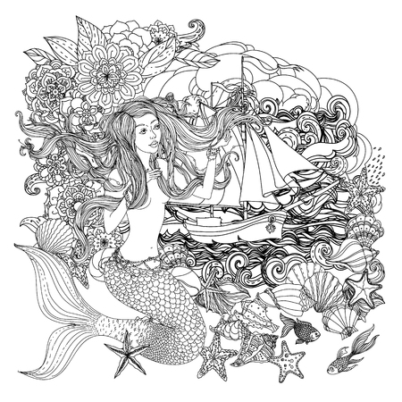 Beautiful fashion woman with abstract hair and  design elements of seashells, starfish, seaweed and flowers   in the image of a mermaid and sailboat on the background of clouds and waves, could be used  for coloring book.  Black and white in zentangle styのイラスト素材