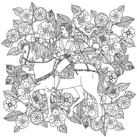 Handsome young man in the image of the prince from a fairy tale, riding on a horse on orient floral black and white ornamentのイラスト素材