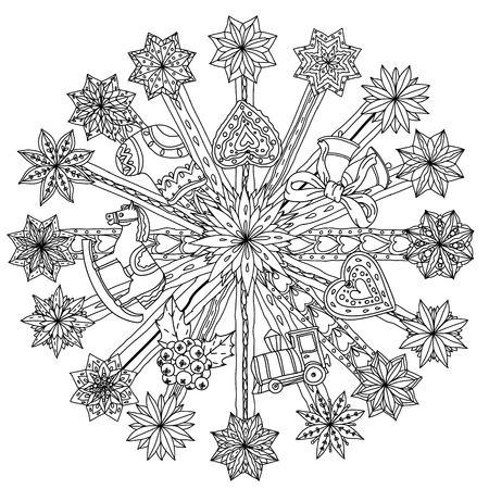 Circle Christmas  ornamen with decorative items, Black and white .  The best for your design, textiles, posters, coloring bookのイラスト素材