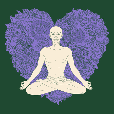 Man in Yoga lotus position for meditation. For the  yoga studio, postcards.  In colourful mandala style at tree shape Floral ornamentのイラスト素材