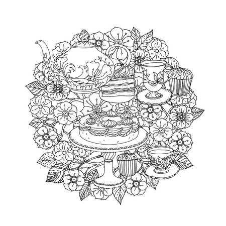 Orient floral black and white  ornament. With elements of time for tea, cups, teapot, cake and cupcakes. Could be use  for coloring bookのイラスト素材
