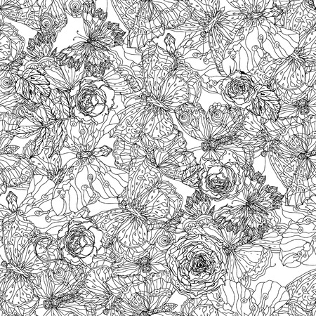 Seamless pattern flowers and butterflies  for adult coloring book in zenart style. Hand-drawn, retro, doodle, vector, uncoloured. The best for design, textiles, posters, coloring book in vector.のイラスト素材