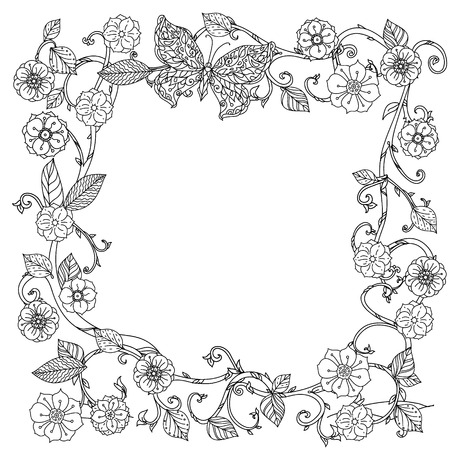 Uncoloured Black and white flowers frame for adult coloring book in famous zenart style. retro, doodle,  uncoloured. The best for design, textiles, posters, coloring bookのイラスト素材