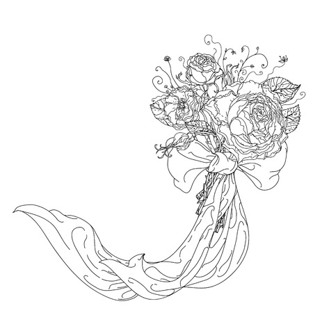 Highly detailed  hand drawn wild roses  and ribbon for adult colouring book. Hand-drawn, doodle, vector the best for your design, wedding cards, coloring book. Black and white.のイラスト素材