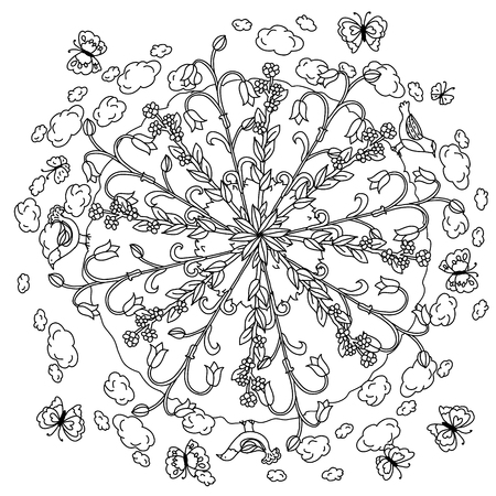 mandala shape flowers and butterfly for adult coloring book in zen art therapy style for anti stress drawing. Hand-drawn, retro, doodle, vector, mandala style, for coloring book or poster design.のイラスト素材