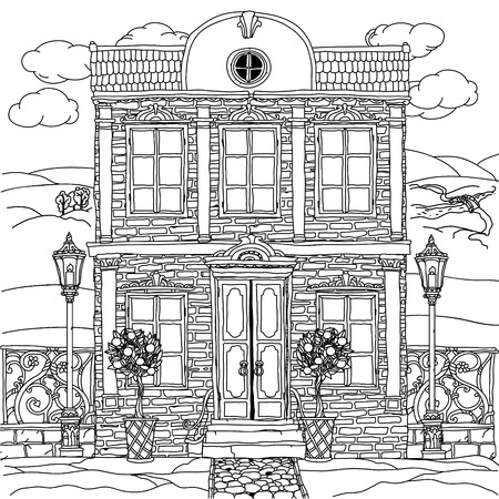 Contoured Black and white illustration of a house with details for adult coloring book or for zen art therapy anti stress drawing. Hand-drawn, vector,very detailed, for coloring, poster design.のイラスト素材