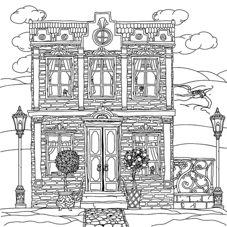 Black and white illustration of a house with details for adult coloring book or for zen art therapy anti stress drawing. Hand-drawn, vector,very detailed, for coloring book, poster design, uncoloredのイラスト素材
