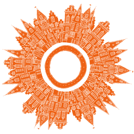 houses and city life details on mandala shape abstract pattern, medieval buildings with tile roof and trees of a silhouette. orange on a white background. for greeting cards, invitations, t-shirtsのイラスト素材