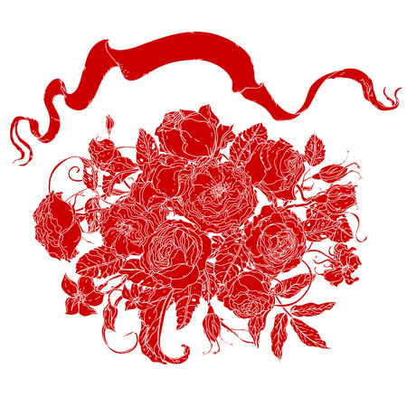 bouquet of roses and garden flowers and leaves, elegant, very detailed in the form of a silhouette. Red on a white background. for greeting cards, invitations, t-shirtsのイラスト素材