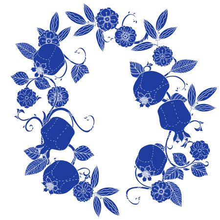 Oriental traditional patterned frame branch and pomegranate fruits as detailed silhouette blue on white background Vector illustration. The best for your design, textiles, posters, t-shirtのイラスト素材