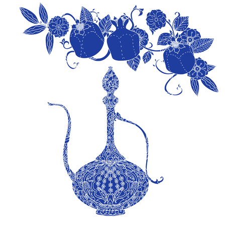 Oriental traditional patterned jug, Flowering branch and pomegranate fruits as detailed silhouette blue on white background Vector illustration. The best for your design, textiles, posters, t-shirtのイラスト素材