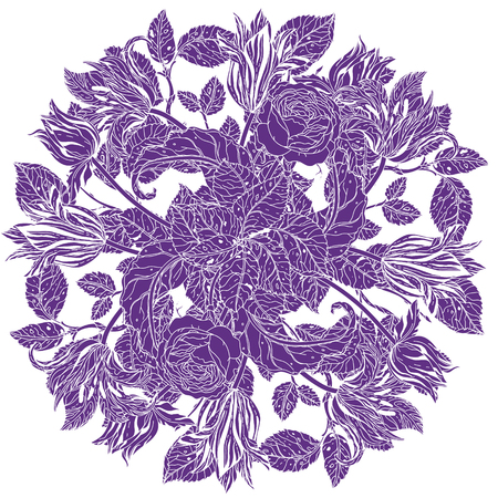 bouquet of roses and garden flowers and leaves, elegant, very detailed in the form of a silhouette. violet on a white background. for greeting cards, invitations, t-shirtsのイラスト素材
