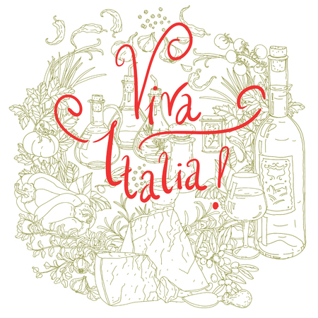 vector italian cuisine elements. Hand drawn silhouette on green background. includes words Viva Italia. Vegetables and herbs, olives, tomatoes, garlic. Detailed, for restaurant menu or cardsのイラスト素材