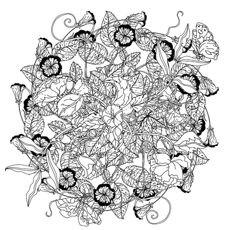 luxury flowers bouquet in shape of mandala for adult coloring book or for zen art therapy anti stress drawing. Hand-drawn, vector, uncolored detailed mandala, for coloring book, t-shirt poster designのイラスト素材