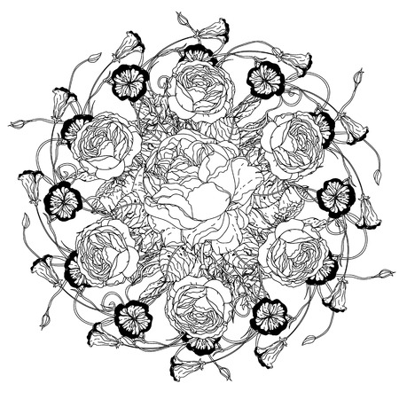 flowers in shape of mandala in old masters style bouquet for adult coloring book or for zen art therapy anti stress drawing. Hand-drawn, vector, detailed mandala, for coloring book, poster designのイラスト素材