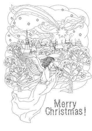 doodle Merry Christmas, lettering Greeting Card design .illustration.  line illustration.Sketch for postcard or print or coloring adult anti stress book.Boho zen art style.のイラスト素材