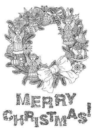 doodle Merry Christmas, lettering Greeting Card design .illustration.  line illustration.Sketch for postcard or print or coloring adult anti stress book.Boho zen art style.のイラスト素材