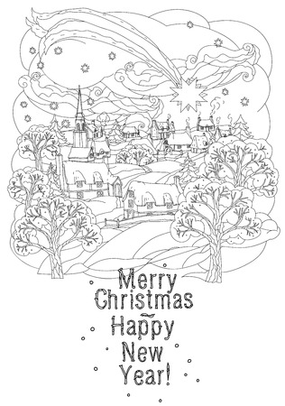 doodle Merry Christmas, lettering Greeting Card design . illustration. line illustration.Sketch for postcard or print or coloring adult anti stress book.Boho zen art style.のイラスト素材